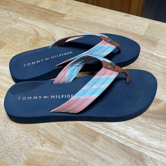 Tommy Hilfiger Navy Blue Pink Striped Flip Flops Thong Sandals size 8 - Picture 1 of 4